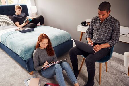 Group Of College Students In Shared House Bedroom Studying Together