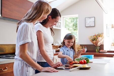 Same Sex Female Couple With Daughter Preparing School Lunchbox At Home Togetherの写真素材