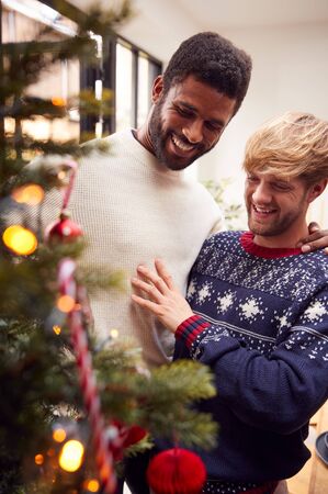 Gay Male Couple At Home Hanging Decorations On Christmas Tree Together