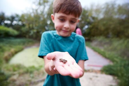 Boy Holding Small Frog As Group Of Children On Outdoor Activity Camp Catch And Study Pond Life