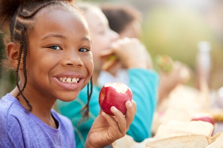 Portrait Of Girl With Friends Eating Healthy Picnic At Outdoor Table In Countrysideの写真素材