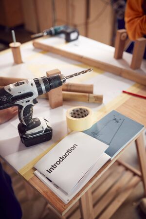 Tools And Plans On Workbench To Build Bamboo Framed Bicycleの写真素材