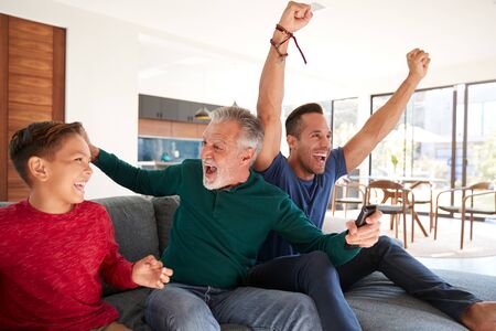 Excited Multi-Generation Male Hispanic Family Celebrating Watching Sports On TVの写真素材