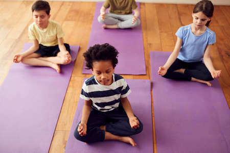 Group Of Children Sitting On Exercise Mats And Meditating In Yoga Studioの写真素材