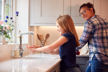 Mother With Daughter Washing Hands With Soap At Home To Stop Spread Of Infection In Health Pandemicの写真素材