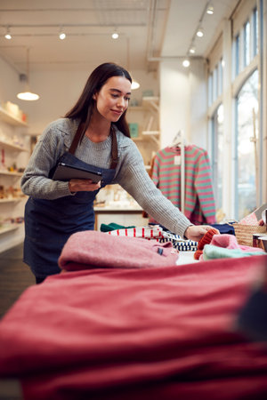 Female Small Business Owner Checks Stock In Shop Using Digital Tablet