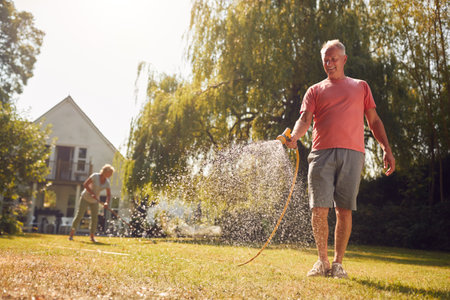 Retired Couple At Work Watering Plants With Hose And Tidying Garden With Rake At Homeの写真素材