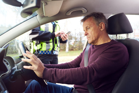 Male Driver Being Stopped By Female Traffic Police Officer With Digital Tablet For Driving Offenceの写真素材