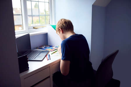 Boy Sitting At Desk Home-Schooling Using Laptop For Online Learning During Health Pandemicの写真素材