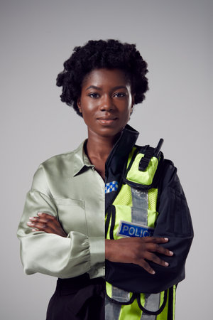 Concept Portrait Of Woman Contrasts Day And Night Job Roles In Business And As Police Officerの写真素材
