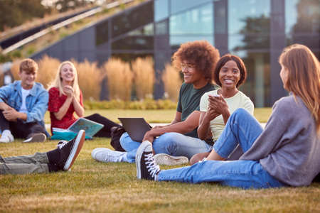 Group Of University Or College Students Sit On Grass Outdoors On Campus Talking And Workingの写真素材