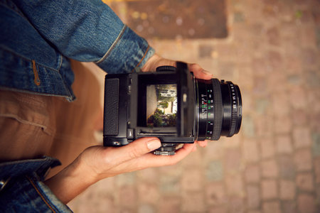 Close Up Of Woman In City Taking Photo On Retro Medium Format Film Camera To Post To Social Mediaの写真素材