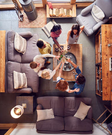Overhead Shot Of Multi-Cultural Group Of Friends In Lounge At Home Making A Toast With Beer And Wineの写真素材
