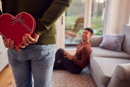 Man Surprising Same Sex Partner At Home With Heart Shaped Gift Held Behind His Backの写真素材