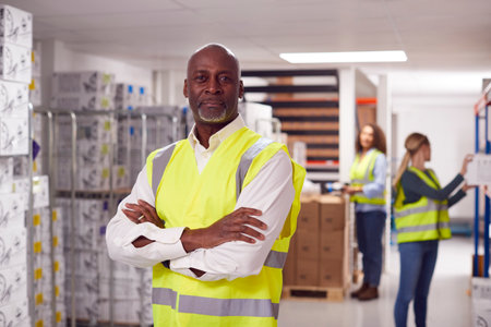 Portrait Of Team Male Leader In Warehouse With Staff Picking Items From Shelves In Backgroundの写真素材