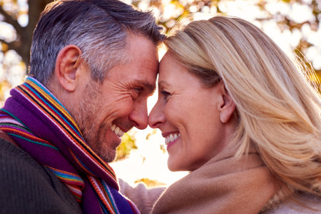 Loving Mature Retired Couple Hugging Against Autumn Countryside With Flaring Sun