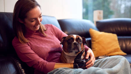 Woman With Prosthetic Arm And Hand At Home With Pet Dogの写真素材