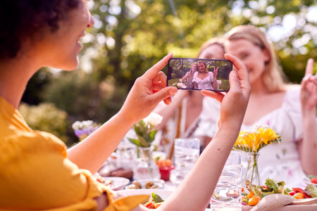 Woman Taking Photo Of Female Friends Sitting Outdoors In Garden At Home Eating Meal Togetherの写真素材