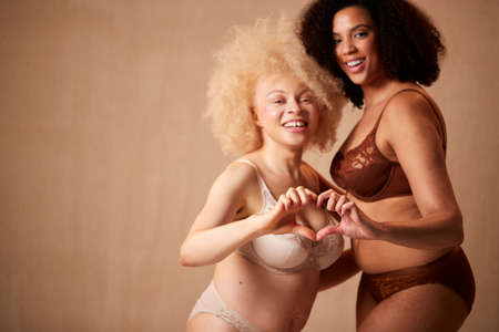 Shot Of Two Female Friends In Underwear Making Heart Shape With Hands Promoting Body Positivityの写真素材
