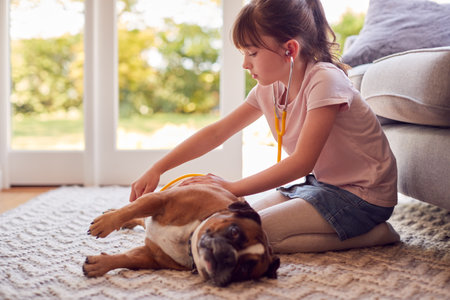 Girl Dressed Up As Veterinary Surgeon At Home Pretending To Examine Pet French Bulldogの写真素材