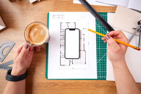 POV Shot Of Architect With Coffee Working In Office On Plans For New Building Using Mobile Phoneの写真素材