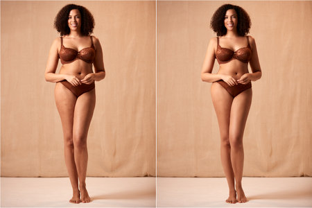 Composite Shot Showing Photo Of Woman In Underwear Before And After Retouchingの写真素材