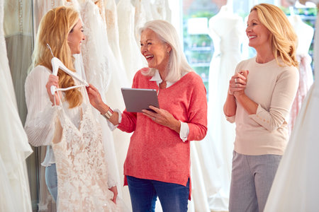 Sales Assistant With Mother Helping Adult Daughter To Choose Wedding Dress In Bridal Storeの写真素材