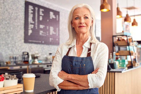 Portrait Of Female Owner Working In Coffee Shop Or Restaurantの写真素材