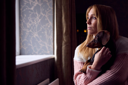 Woman With Pet Dog Trying To Keep Warm By Radiator At Home During Cost Of Living Energy Crisisの写真素材