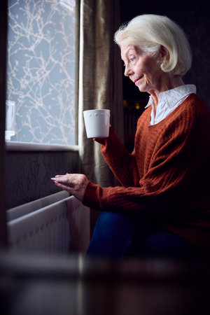 Senior Woman With Hot Drink Trying To Keep Warm By Radiator At Home In Cost Of Living Energy Crisisの写真素材