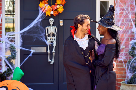 Couple Dressed Up For Halloween Outside House Ready For Trick Or Treatingの写真素材