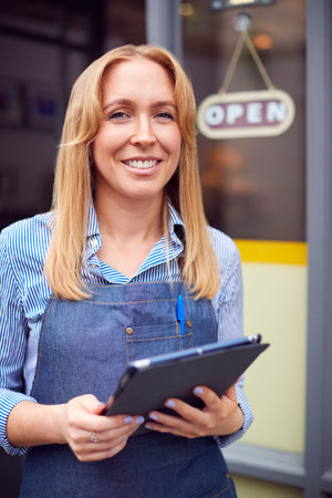 Portrait Of Female Owner Or Staff Standing Outside Coffee Shop With Digital Tablet