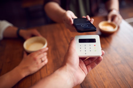 Close Up Of Customer Making Contactless Payment In Coffee Shop Using Mobile Phoneの写真素材