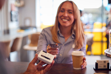 Female Customer Making Contactless Payment In Coffee Shop Using Debit Card