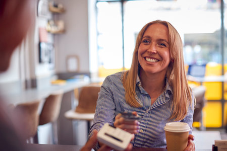 Female Customer Making Contactless Payment In Coffee Shop Using Debit Card
