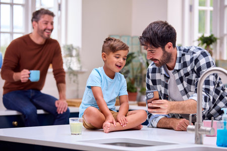 Same Sex Family With Two Dads Taking Selfie In Kitchen With Son Sitting On Counter