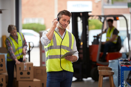 Male Worker Wearing Headset In Logistics Distribution Warehouse Using Digital Tabletの写真素材
