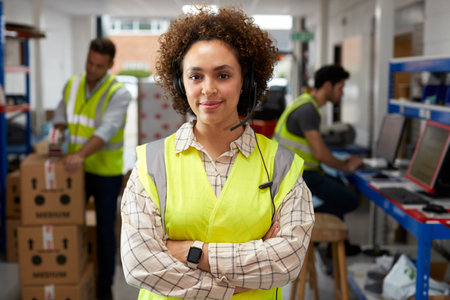 Portrait Of Female Worker Using Headset In Distribution Warehouseの写真素材