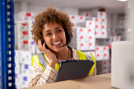 Female Worker Wearing Headset In Logistics Distribution Warehouse Using Digital Tablet