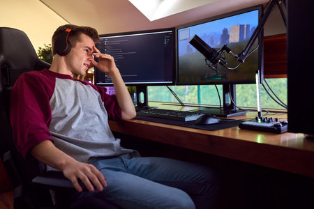 Tired Man Gaming At Home Wearing Wireless Headphones Sitting At Desk With Multiple Monitorsの写真素材