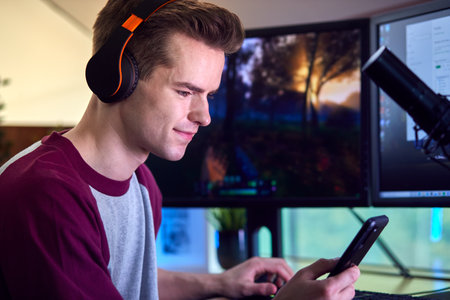 Man With Mobile Phone Gaming At Home Sitting At Desk With Multiple Monitors
