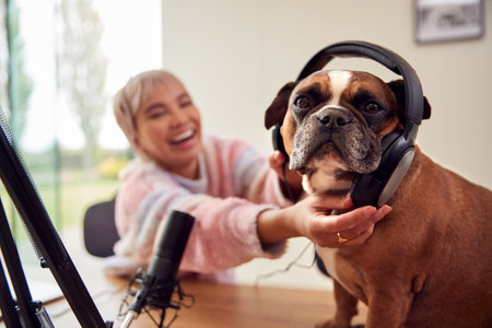 Woman With Pet French Bulldog Wearing Headphones Recording Podcast Or Broadcasting On Radio At Homeの写真素材