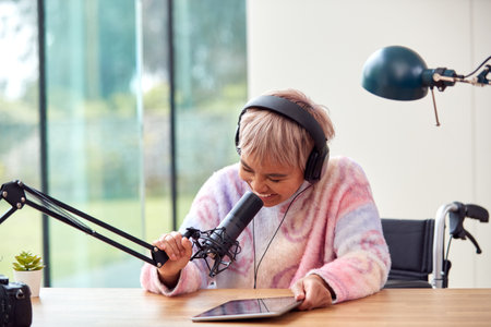 Woman Recording Podcast Or Broadcasting On Radio In Studio At Home With Digital Tabletの写真素材