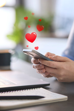 Dating App Concept With Woman Using Mobile Phone With Graphic Overlay Of Heart Emojisの写真素材
