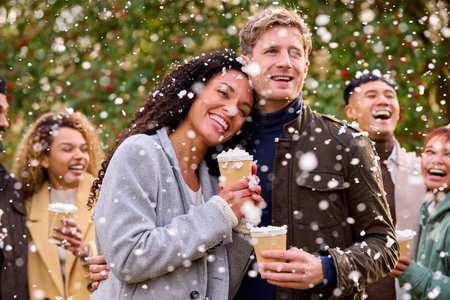 Group Of Friends Wearing Coats Standing Outside In Snow Holding Takeaway Hot Chocolate Drinks