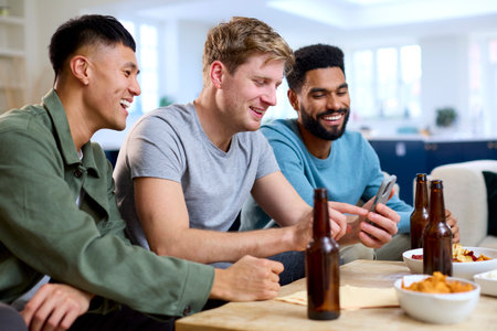 Group Of Excited Male Friends Streaming Sports On Mobile Phone At Home In Lounge Togetherの写真素材