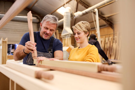 Female Apprentice Learning Skills From Mature Male Carpenter In Furniture Workshopの写真素材