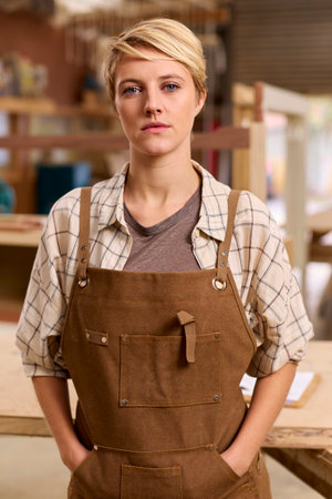 Portrait Of Female Apprentice Working As Carpenter In Furniture Workshopの写真素材