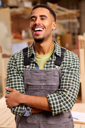 Portrait Of Male Apprentice Working As Carpenter In Furniture Workshopの写真素材