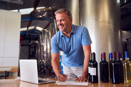 Mature Man With Laptop Making Notes By Bottle Label Inside Wineryの写真素材